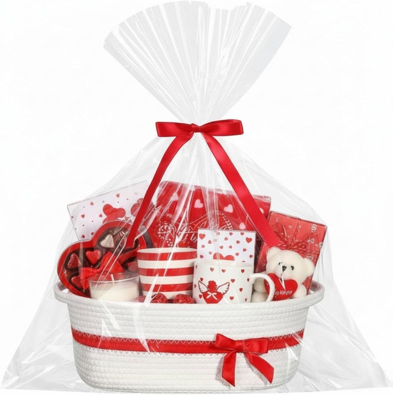 Colingmill Valentine Woven Gift Basket Empty with Ribbons Bow Tie and Bag, Valentine's Day Empty Decorative Chest Box, Woven Rope Storage with Handles Home Decor(14 x 10 x 5.5 Inch,White Red) - Image 1